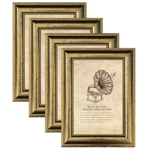 TKYGU 4x6 Picture Frame with Real Glass, 4 set Ornate Vintage Picture Frames for Wall or Tabletop Display, Gold 4 x 6 Frame for Wall home best gift