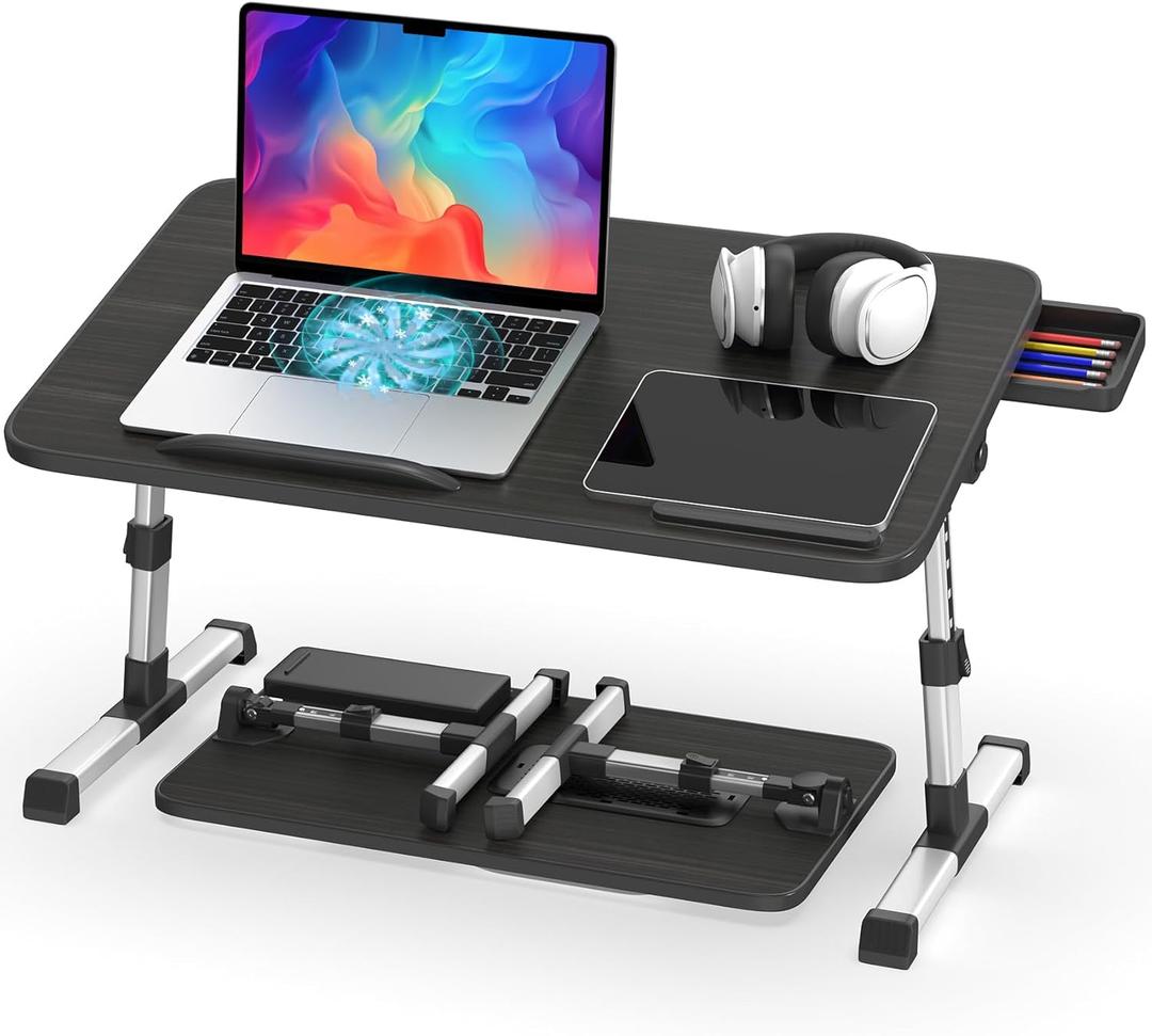 Slendor Laptop Desk Adjustable Laptop Stand Foldable Bed Table Portable Lap Desk Folding Notebook Stand Reading and Writing Holder Breakfast Tray with Drawer and Cooling Fan for Bed Couch Sofa Floor (Large, Black)