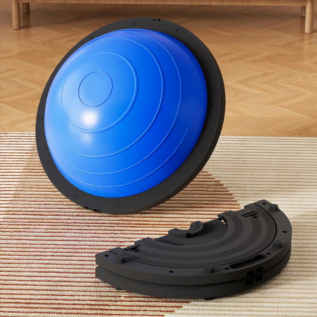 Vtory Foldable Balance Ball, Upgrate Half Ball Balance Trainer for Workout, 1300 lbs Capacity Stability Ball, 23.5 Inch Yoga Half Ball, with Resistant Band & Foot Pump, Full Body Workout, No-slip (BLUE)