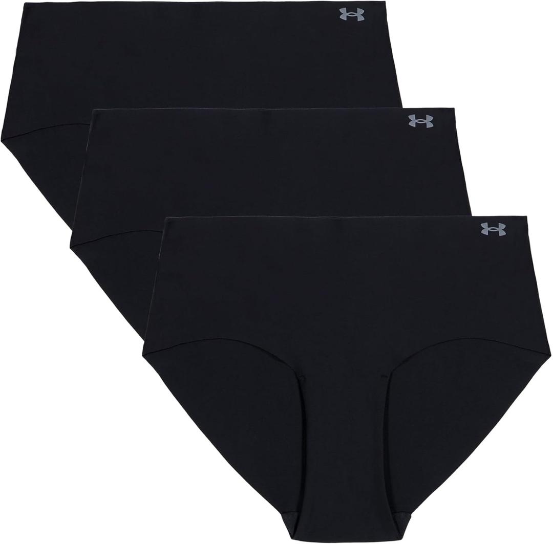 Under Armour Women's 3-Pack Pure Stretch No Show Hipster Underwear, All-Day Comfort & Ultra-Soft Fit (Large, Black - Core)