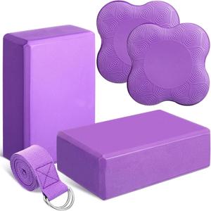 RoundFunny 5 Pcs Yoga Blocks Knee Pads Yoga Strap Set Soft Premium Foam Blocks Accessories for Pilates Meditation General Fitness Stability, Kneeling, Balance, Deepen Stretches and Toning (Purple)