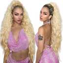 HOOJIH Ponytail Extension, 34 Inch Extra Long Drawstring Ponytail Champagne Blonde Pony Tails Hair Extension Flurry Wavy Ponytails Soft Upgraded Synthetic Fiber Fake Ponytail Hairpiece for Women