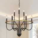 Black Wagon Wheel Chandelier for High Ceilings,Farmhouse Chandelier for Dining Room Height Adjustable,r for Hallway Living Room Foyer,E12 Bulb.