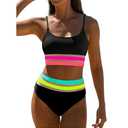 popvil Women's High Waisted Bikini Sets Neon Modest Two Piece Swimsuit Highwaisted 2026 Full Coverage Adjustable Straps Bathing Suit Beach Summer Black, M