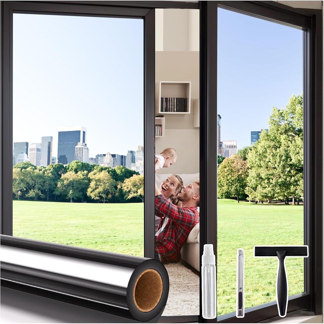 Coavas One Way Privacy Window Tint for Home, Daytime Reflective Mirror Glass Film See Out Not in, Heat & UV Blocking for Balcony/Living Room Large Windows with 3 Tools, 29.5 x 78.7 Inch, Black