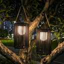TRIROCKS 2 Set of 10.5'' High Solar Lantern Outdoor Table Lamp Outside Hanging Solar Lights with Olifen Rope Waterproof Rattan Outside Deck Light for Patio Garden Lawn Yard (Black)