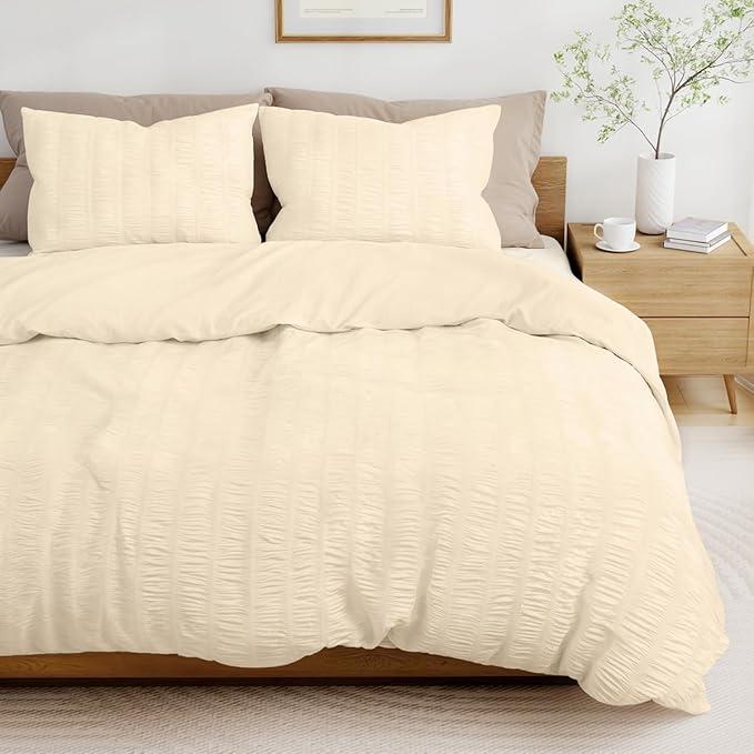 Beige Duvet Cover King Size, Seersucker 3 Pieces Bedding Set, Includes 1 Duvet Cover 106x96 Inches and 2 Pillowcases 20x36 Inches