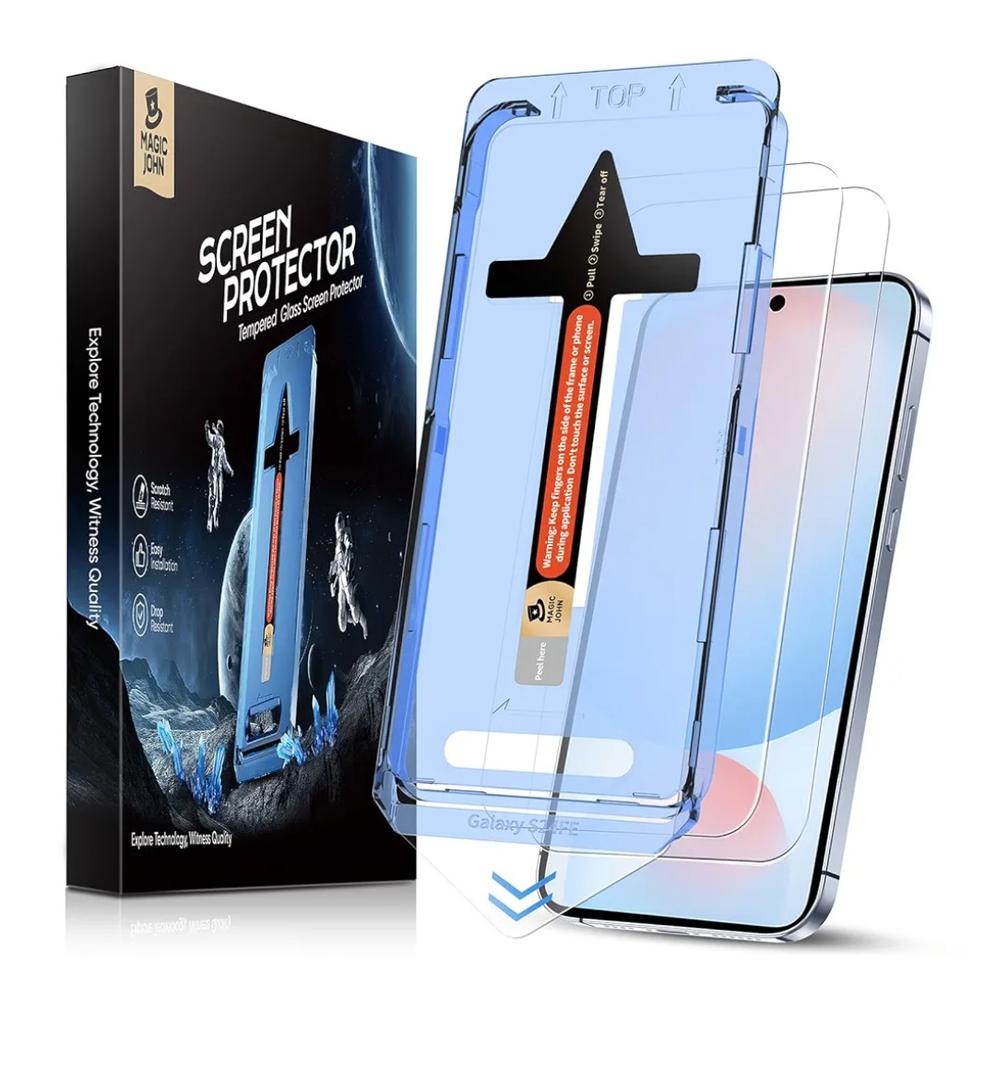 MAGIC JOHN 2 Pack for Samsung Galaxy S24 FE 6.7inch Tempered Glass Screen Protector, Auto Dust-Elimination Installation, Bubble Free, HD Clear, Easy Installation