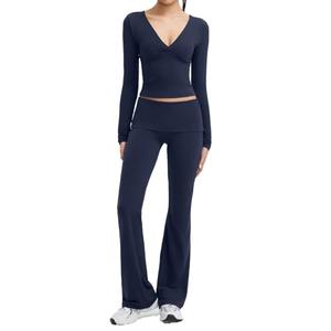 SUUKSESS Women 2 pieces Lounge Sets Casual V Neck Crop Tops High Waisted Fold Over Flare Leggings Matching Sets(Navy Blue, S)