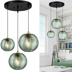 GWY Green Pendant Light, 3 in 1 Large Glass Pendant Light Fixtures E26 E27 Mid Century Modern Chandelier Ribbed Blown Glass Globe Shade Hanging Light Ceiling Light for Living Room Restaurant Bar