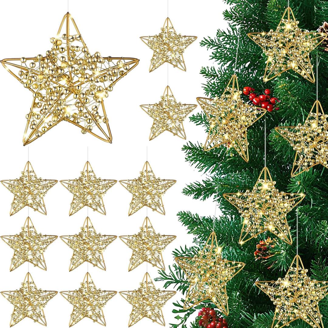 12 Pcs 2.8'' Gold Metal Star Ornaments for Christmas Tree Decor Rustic 3D Glitter Star Ornaments for Crafts Small Gold Christmas Hanging Stars Festive Gifts Embellishments for Holiday Party