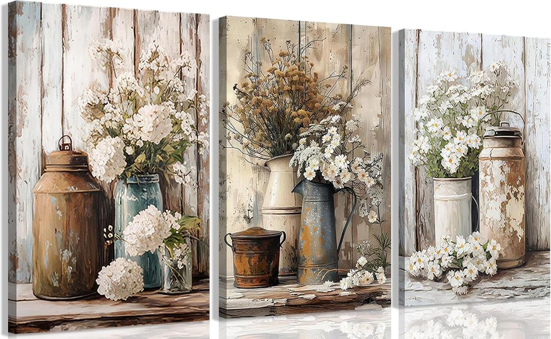 Vintage Rustic Farmhouse Canvas Wall Art Vintage Country Floral Still Life Wall Decor White Daisy Paintings Pictures Wildflower Prints Artwork for Kitchen Bathroom Living room Decoration 16x24in