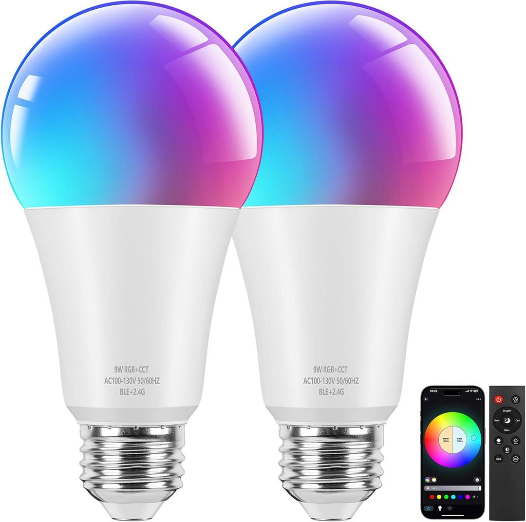 Brightever Smart A19 LED Light Bulbs, 60W Equivalent 800LM Color Changing E26 9W Bluetooth Light Bulbs with Remote Control, 16 Million DIY Colors RGBWW, Music Sync, 2-Pack