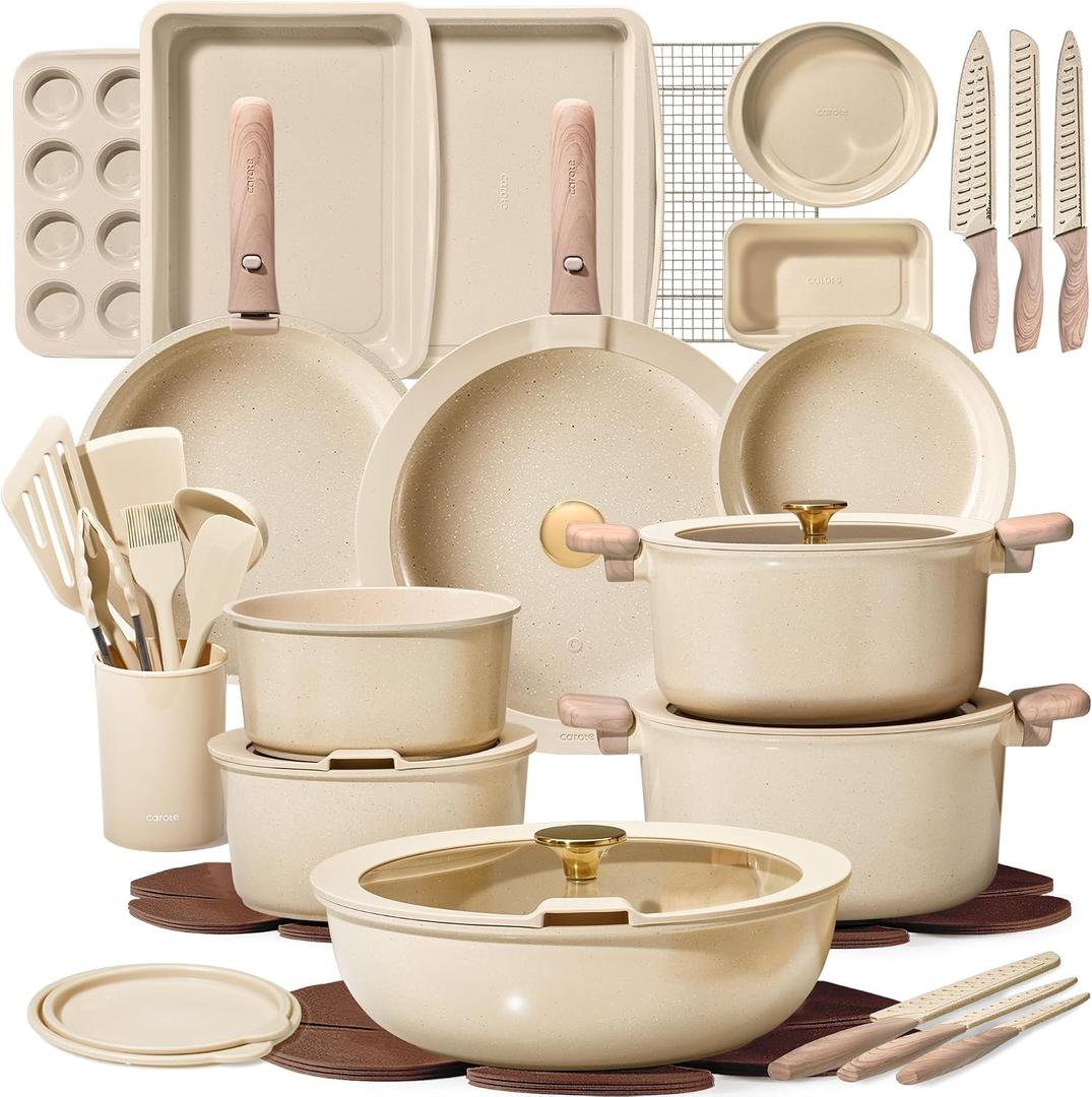 CAROTE 49pcs Pots and Pans Set, Ceramic Cookware Set with Detachable Handle, 49 Piece