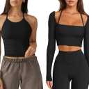 LASLULU Womens Bra Tops Black Sports Bra + Black Long Sleeve Tops-L