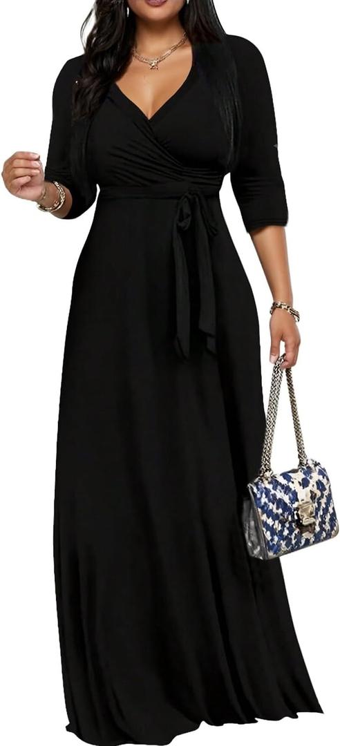 Maxi Dresses for Women Long Dress Casual V-Neck Loose Prom Dresses All Seasons (Large, Black6407)