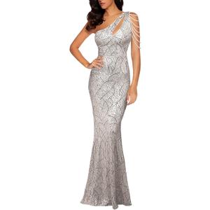 Women One Shoulder 1920s Plus Size Formal Dress Tassels Sleeve Sequins Gatsby Maxi Evening Gown (Medium)