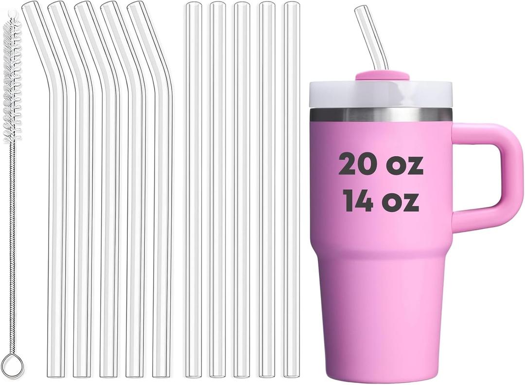 ALINK 10 Pack Reusable Clear Straws for Stanley 20 oz 14oz Tumbler, Tritan Hard Plastic Straws for Yeti Rtic 30oz 25 oz 26 oz 20 oz Tumbler, Mason Jar 16oz Venti Cup with Brush