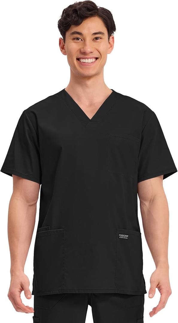 Cherokee Men's V-Neck Top Traditional fit with 4 Pockets, Ultra Soft, Durable, Fade Resistant, 2-Way Stretch Fabric - WW695 (3X-Large Big Tall, Black)