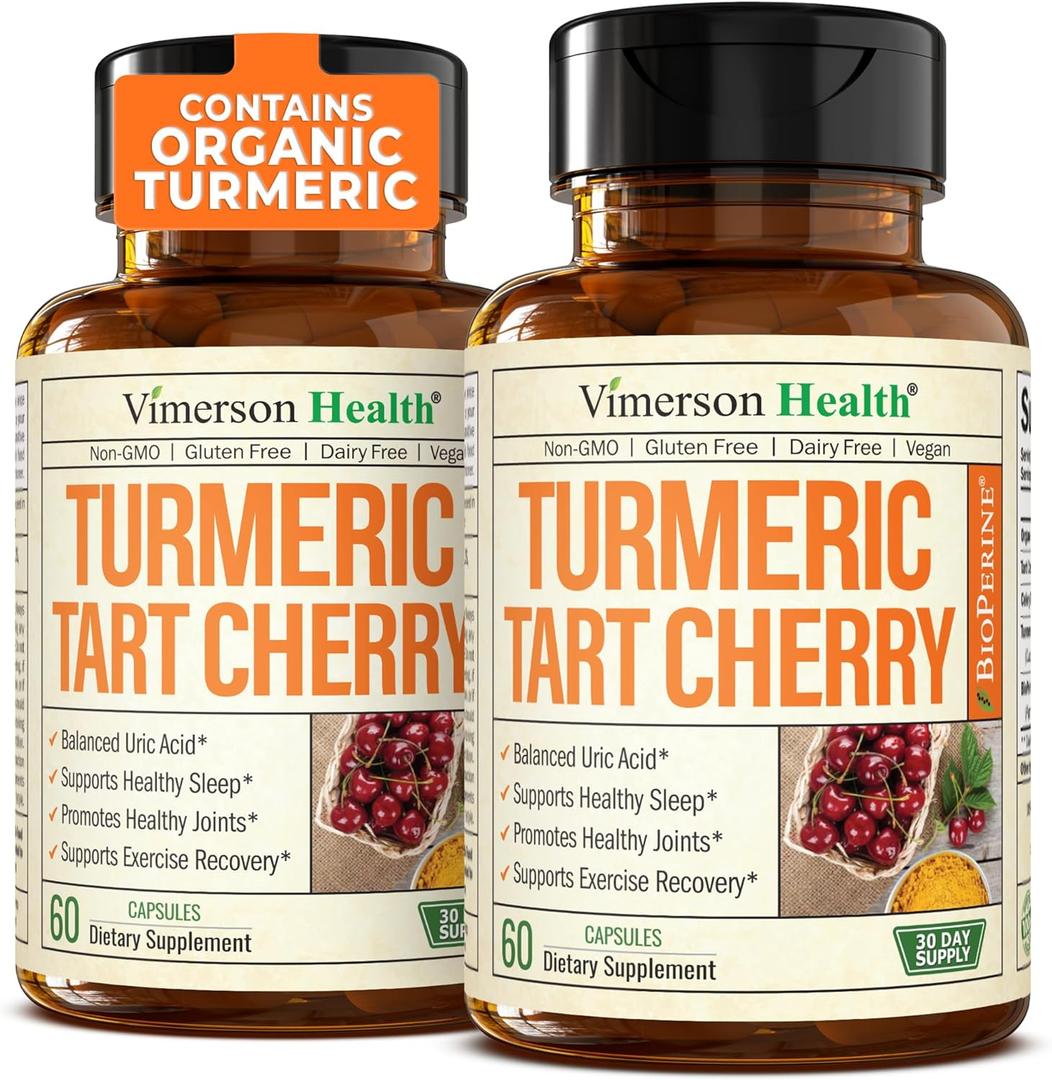 Turmeric Supplement with 10:1 Tart Cherry Extract, Turmeric Curcumin with Black Pepper & Organic Turmeric. 600mg Tart Cherry Capsules. Aids Uric Acid Balance, Joint, Muscle, Sleep Support. 2 Pack (60 Count (Pack of 2)), Best By 11/2026