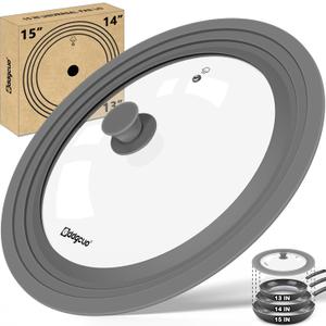13-14-15 in Universal Pan Lid, Extra Large Silicone Pot Lid for Pots, Pans & Skillets, Replacement Frying Pan Lid with Heat Resistant Silicone Knob, Dishwasher Safe, Grey