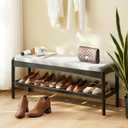 Shoe Bench Entryway Bamboo 2-Tier Shoe Rack with Cushion Padded Seat Shoe Bench Organizer Stable for Entry, Hallway, Living Room, Bedroom, Closet (39.4 * 11.4 * 16.5IN, Black-Gray)