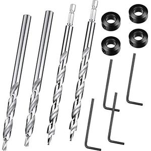 4 Pieces 3/8 Inch Pocket Hole Drill Bit with Depth Stop Collar 1/4 Hex Shank and Round Shank Replacement Twist Step Drills for Manual Pocket Hole Guide Jig Master System (6.3 Inch Length)