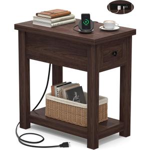 Armocity Narrow End Table with Charging Station - Farmhouse Side Table with Drawer, 14" Wide Wood Nightstand Slim Couch Bedside Table for Living Room Bedroom Small Spaces, Black Walnut, 1 Pack
