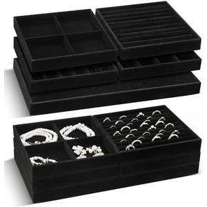 Cinnvoice Set of 10 Stackable Jewelry Organizer Trays for Drawer 14 Inch Velvet Jewelry Drawer Insert Display Storage with Removable Divider for Necklace Earring Ring Watch Bracelet (Black)