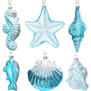 6pcs Coastal Christmas Ornaments Beach Theme Christmas Decor Seahorse Starfish Nautical Marine Xmas Tree Hanging Ornament for Holiday Party Beach House Decorations