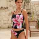 ZAFUL Women's Floral Tankini Swimsuits Bandeau Tummy Control High Cut Tankini Set Two Piece Bathing Suit (S)