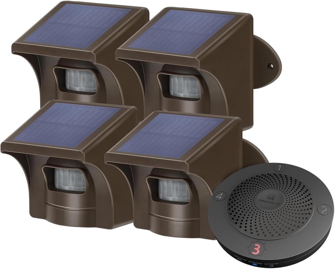 eMACROS Solar Wireless Driveway Alarm - 1/2 Mile Long Range Outdoor Motion Sensor & Detector, Weatherproof Security Alert System, Plug in to Use, Ideal Gifts for Christmas (1 Base with 4 Sensors)