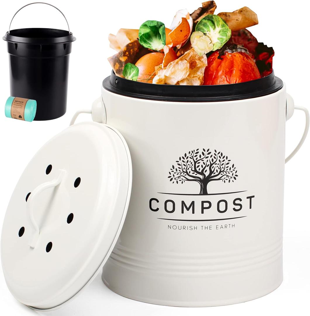 Perfnique Kitchen Compost Bin, 1.3 Gallon Countertop Compost Bin with Lid, Indoor Compost Container Includes Inner Container Liner and Carbon Filter, Small Compost Bin with Container Bags (with Bags, Cream)