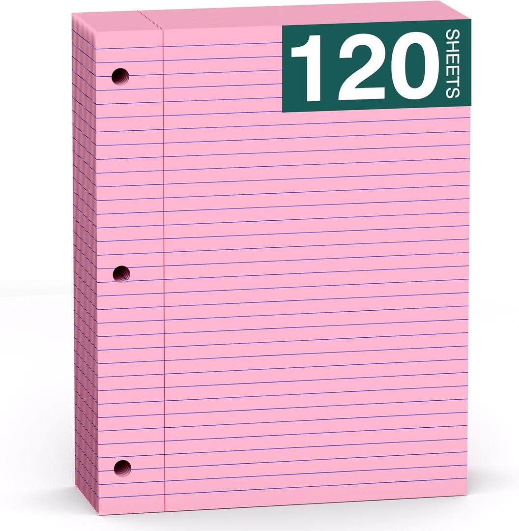 Pink Note Pads 8 X 10.5 Loose Leaf Paper, 120Sheets, 3 Hole Punched Lined Paper, College Ruled 8 X 10.5 Notebooks, 10-1/2" X 8 Binder Writing Pads, Filler Paper for Office, School Supplies