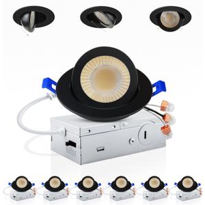 Adetu 3 Inch 5CCT Gimbal Black Led Recessed Lighting with Junction Box, 2700K/3000K/3500K/4000K/5000K, 7W Eqv 80W, 360+90 Adjustable Led Recessed Lights, 798LM Brightness - ETL (Black, 6 Pack)