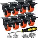 2" Caster Wheels Set of 8, Heavy Duty Casters with Brake, No Noise Locking Casters with Orange Polyurethane (PU) Wheels, Swivel Plate Castors Pack of 8