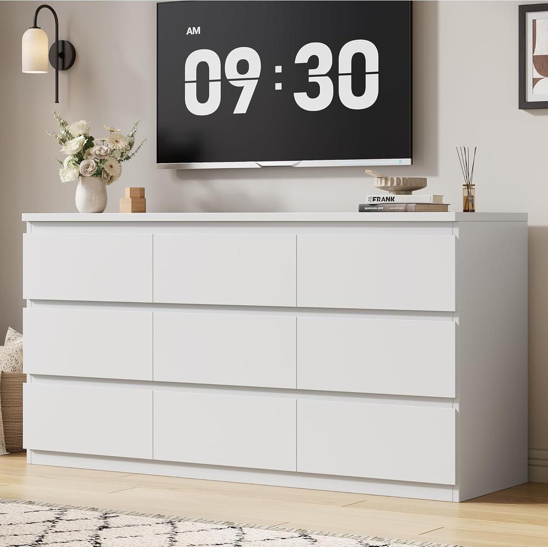Modern White 9 Drawer Dresser for Bedroom, Simply Chest of Drawers, Wood Storage Dresser with Deep Drawers for Living Room Hallway Entryway, White
