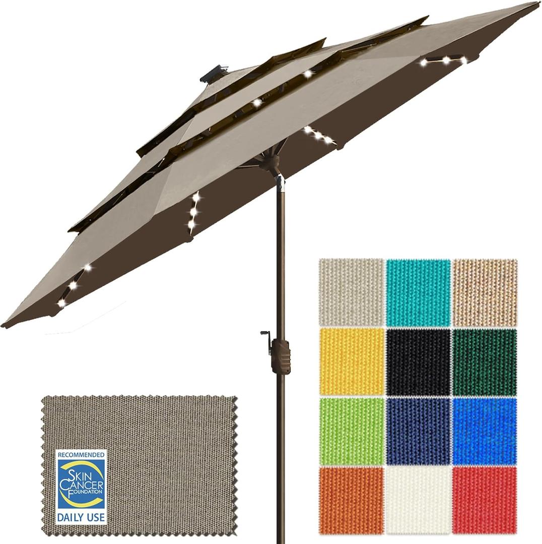 EliteShade USA 10-Year-Non-Fading 9ft 3-Tier Market Patio Umbrella, Commercial Table Umbrella with 80 Solar LED Lights, Crank Open, Windproof & UPF 50+ UV Protection for Garden, Deck, Pool, Backyard, Taupe