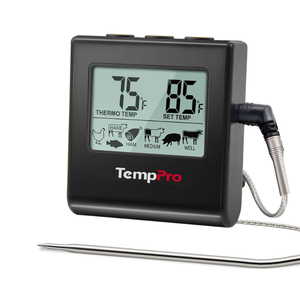 TempPro TP16 Large LCD Digital Meat Thermometer for Cooking, Smoking, Grilling, BBQ Food Temperature Indicator with Clock Timer and Stainless Steel Probe, Black