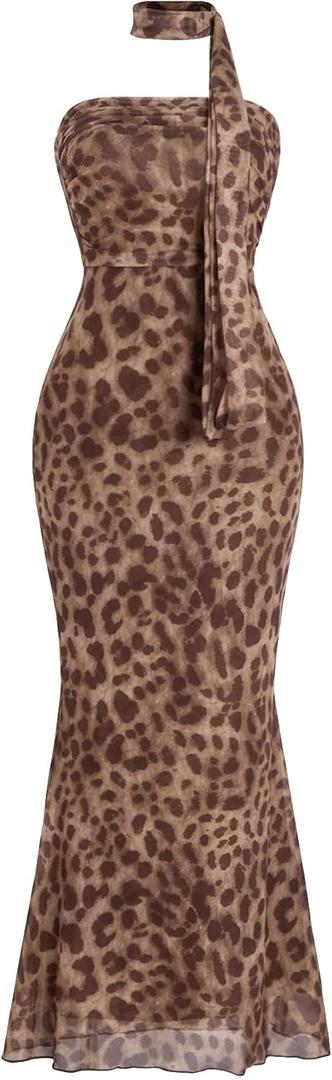 Milumia Women's Leopard Print Strapless Bodycon Maxi Dress Mesh Long Tube Top Dress (Large, Brown)