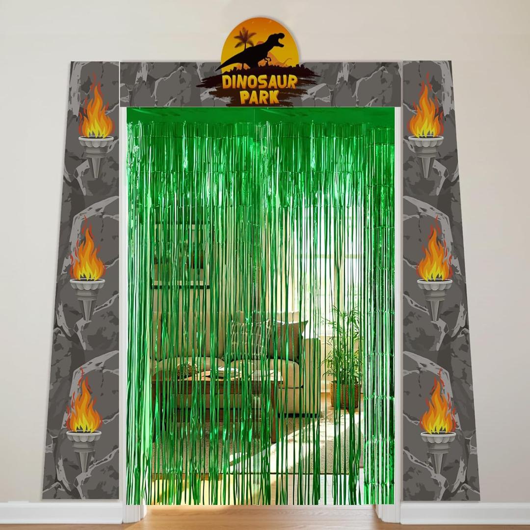 Dinosaur Birthday Party Decorations Supplies - Dino Park Door Porch Banner Backdrop and Green Foil Fringe Curtains for Jungle Safari Theme Boys Kids Favors Photoshoot Props