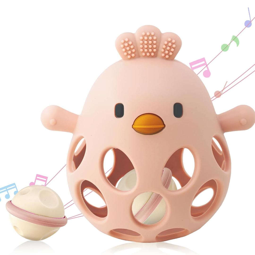 ChooKaChoo 2-in-1 Baby Teething Rattle Toy, Sensory Grasping Teether for Infants 3-12 Months, 100% Food-Grade Silicone, Easy to Hold, Soothing & Developmental, BPA Free, Easter Gifts (Pink)