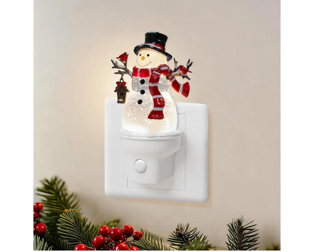 Christmas Snowman Night Light Plug into Wall Glitter Water Nightlight with USB/Outlet Options, Christmas Decorative Nightlight for Bedroom Kitchen Nursery Holiday Decorations Gifts (Snowman)