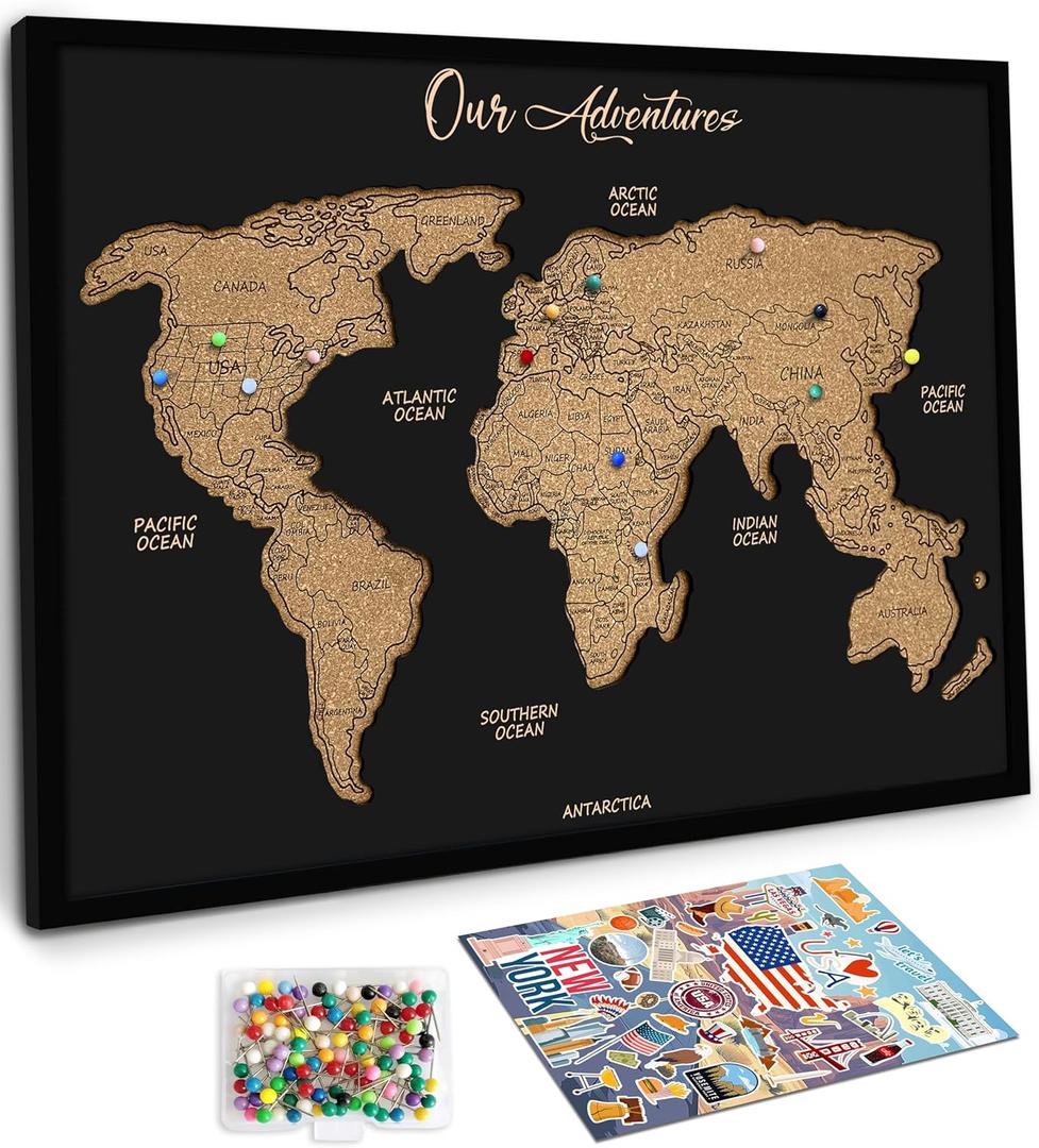 flinelife Cork World Travel Map With Pins, Large Size,16x12, Map of World, Perfect For Couples and Families Gift