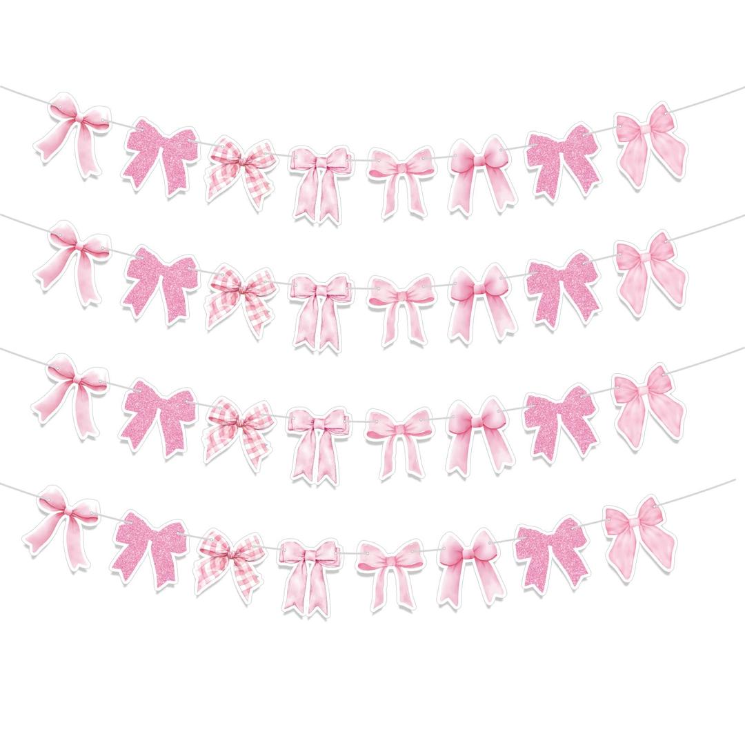 Neyeidru Bow Birthday Decorations Banner - 4Pcs Pink Bow Banner for Coquette Birthday Decorations Bow Garland Bunting for Girls Bow Party Decor Favor Supplies