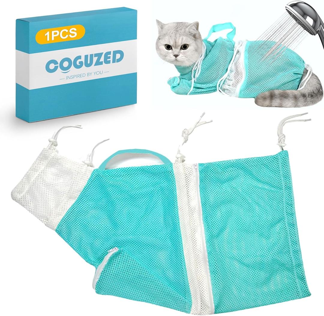 CoguZed 1-Piece Adjustable Anti-Scratch Mesh Cat Bathing Bag  Air-Ventilated Comfortable & Secure Design for Bathing, Grooming & Nail Trimming (Soft Mesh Padding, Non-Slip Base)