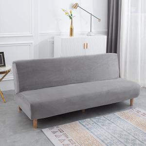 Stretch Futon Cover, Couch Cover for Futon, Armless Sofa Cover, Foldable Sofa Bed Slipcover Without Armrest, Universal Thick Sofa Slipcovers Furniture Protector for Kid, Pet(Velvet Silver Gray,Medium)