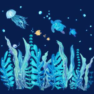 Tenare 5 Sheets Ocean Sea Turtle Wall Decals Stickers Under The Sea Stickers Grass Jellyfish Fish Removable Vinyl Decal for Bedroom Bathroom Nursery Room Wall Decor(Blue Glow Style)