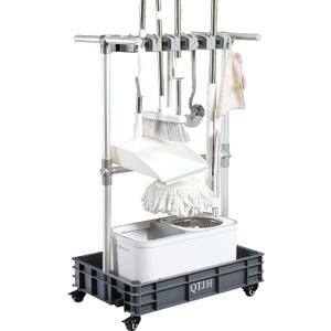 Broom Mop Holder Cleaning Supplies Organizer Janitorial Carts On Wheels Housekeeping Station Storage Tools For Garage, Garden, Closet, Cabinet.