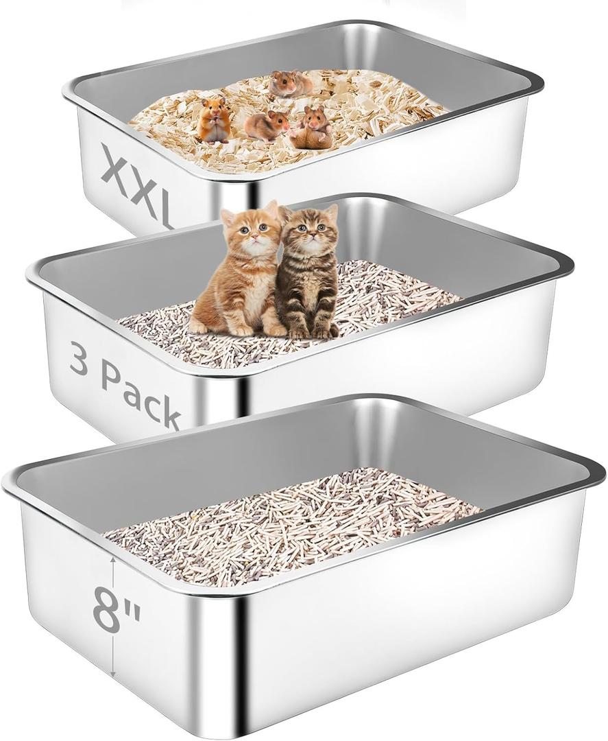 Stainless Steel Cat Litter Box, 3 Pack 23.6"x15.7"x7.9" XXL Metal High Sided Litter Pan, Extra Large Stainless Steel Box Splash-Proof and Non-Stick Cat Poop Box odorless